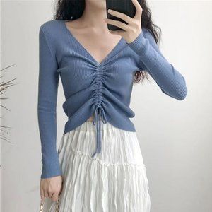 Eropia Women's Drawstring V-Neck Cropped Top